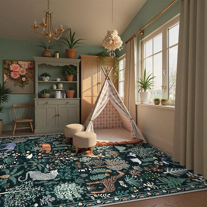 OJIA Jungle Print 9x12 Area Rugs for Living Room, Green Soft Bedroom Rug Washable Rugs 9x12, Modern Dining Room Rug Stain Resistant Ultra-Thin Floor Carpet for Playroom Kids Room Nursery-Ruum Studio Home
