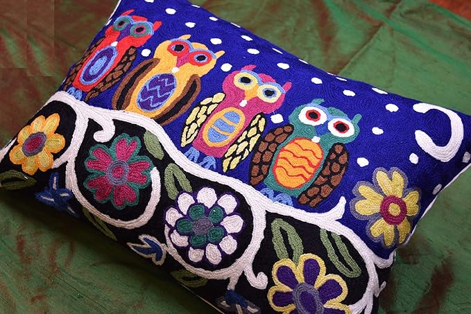 Lumbar Four Owls Decorative Pillow Cover Blue Whimsical Hand Embroidered Wool 14x20-Ruum Studio Home
