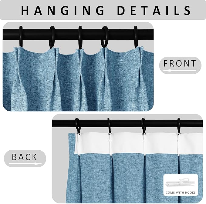 Macochico 100% Blackout Pinch Pleated Linen Curtains Thermal Window Treatments Sound Reducing Curtains for Bedroom Living Room Blue Farmhouse Burlap Drapes with Tieback 52”Wx63”L 1 Panel