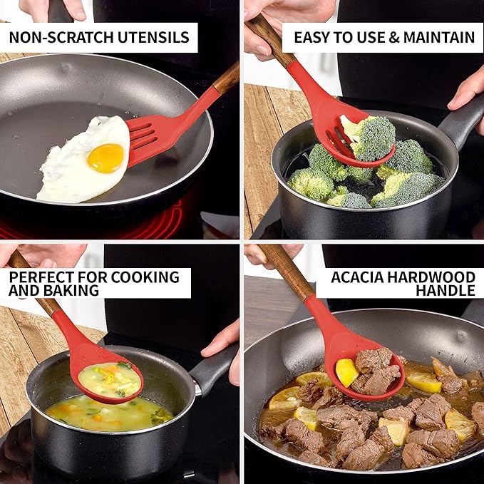 Zulay Kitchen Utensils Set Non-Stick Silicone Cooking Utensils Set with Authentic Acacia Wood Handles - 5 Piece Silicone Utensil Set - Silicone Kitchen Utensils Set with 464°F Heat Resistance - Red-Ruum Studio Home