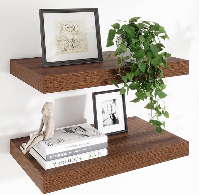 Heimlove 24 x 12 Inch Deep Floating Shelves Wall Mounted with Invisible Brackets,Storage Hanging Shelf for Wall Decor in Bathroom, Bedroom, Toilet, Kitchen, Living Room, Office Set of 2 (Walnut)-Ruum Studio Home