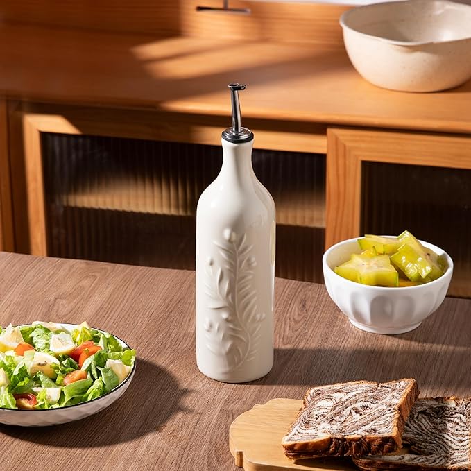 Sweejar Large Olive Oil Dispenser Bottle with Spout, 24 Oz Ceramic Oil Dispenser for Kitchen, Relief Opaque Oil Cruet, Oil Container for Cooking, EVOO, Avocado Oil, Vinegar, Pack of 1 (Beige)-Ruum Studio Home