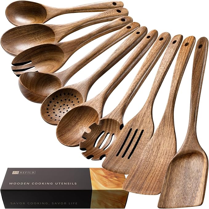 Wooden Spoons for Cooking, Nonstick Cooking Utensil Set with 10 Piece Acacia Wooden Spatulas and Spoons for Cooking, Terrific for Everyday Kitchen Tasks-Ruum Studio Home