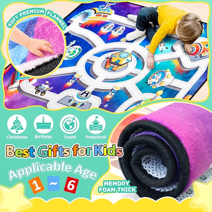 Kids Rug, Space Themed Baby Play Mat, 4x6 Ft Playroom Rug, Colorful Cartoon Outer Space, Planet, Rocket, Spaceship Road Carpet for Playroom, Educational Learning Carpet for Kids Mat-Ruum Studio Home