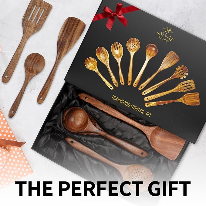 Zulay Kitchen 9-Piece Teak Wooden Utensils for Cooking - Natural Teak Utensil Set with Premium Gift Box - Non-Stick Wooden Spoons for Cooking - Kitchen Gift Set - Comfortable Grip Wooden Utensil Set-Ruum Studio Home