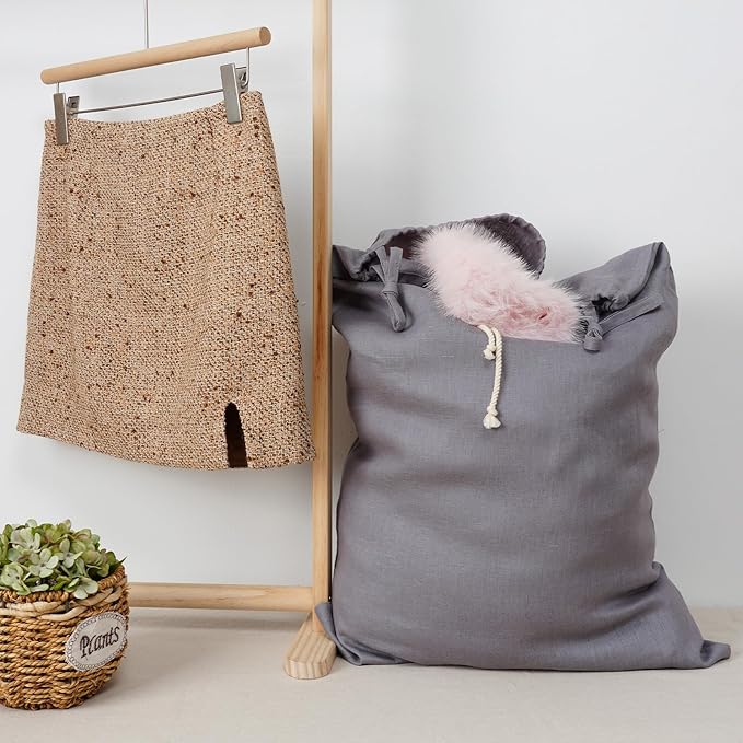 Linen Hanging Laundry Bag, Over The Door Laundry Hamper for Dirty Clothes, Drawstring Closure with Bottom Zipper, Gray-Ruum Studio Home