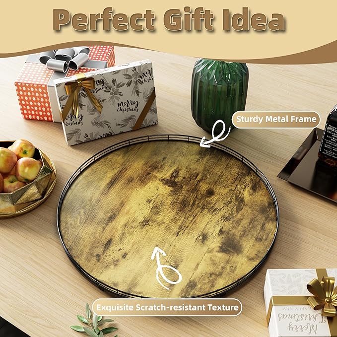 Lazy Susan Turntable Organizer for Table Top, 24’’ Round Wooden Lazy Susan for Cabinet Kitchen Countertop Pantry Dining Coffee Table for Condiments Spices, Rustic Bathroom Vanity Tray for Soap Candle-Ruum Studio Home