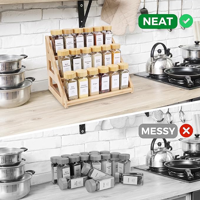 3-Tier Natural Bamboo Spice Rack Organizer - for Kitchen Cabinets, Countertops & Pantries - Space-Saving Tiered Shelf-Ruum Studio Home