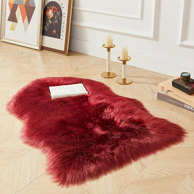 AMTOVO Faux Fur Rug, Burgundy Small Area Rug, Fluffy Sheepskin Rug, Fuzzy Ultra Soft 2 x 3 ft Shag Rugs for Bedroom Sofa Throw Cushion Room Decor, Sheepskin-Ruum Studio Home