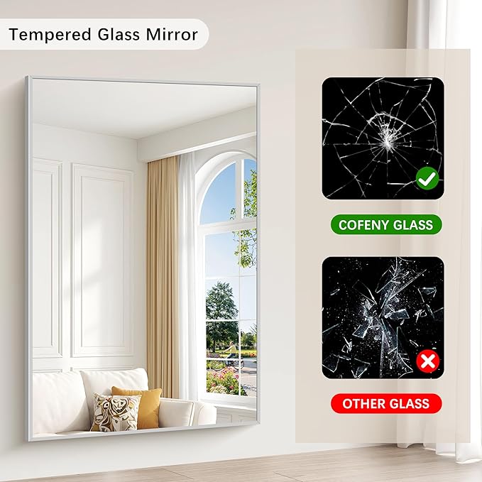 40x60inch Silver Bathroom Mirror, Silver Rectangle Mirror with Frame, Large Rectangular Wall Mirrors for Bathroom, Living Room, Hair Salon, Big Farmhouse Mirror Hang Horizontal/Vertical-Ruum Studio Home