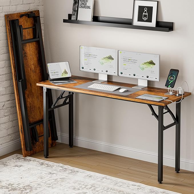 Frylr Small Folding Computer Desk β 55.1 Inch Portable Table for Craft and Study, Lightweight Desk for Small Spaces, Foldable Laptop Table Built-in AC/USB Outlets for Convenience, Rustic Brown