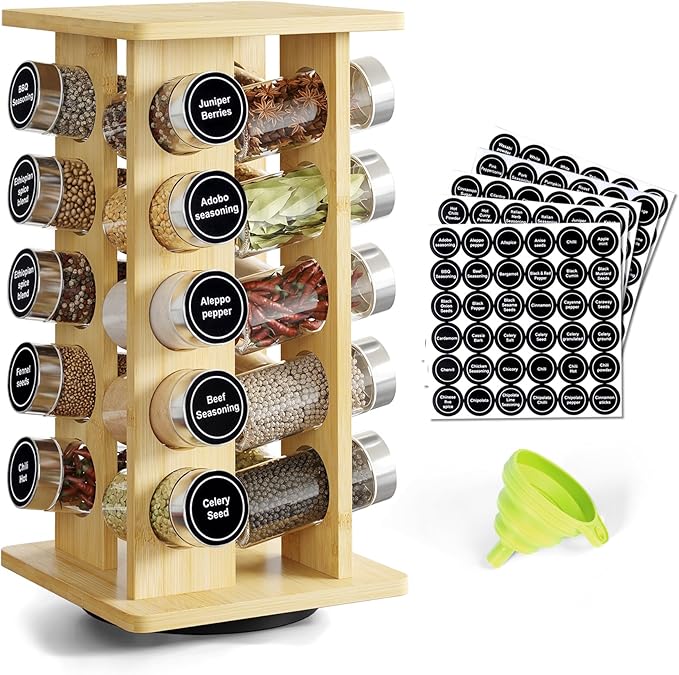WelFurGeer Bamboo Spice Rack Organizer for Countertop, Revolving Spice Shelf with 20 Glass Jars, Lids & Labels, Desktop Rotating Seasoning Organizer for Kitchens, Space-Saving Design-Ruum Studio Home