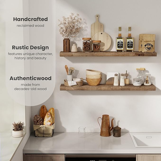 Floating Shelves Reclaimed Barnwood, 8" Deep Solid Wood Floating Shelf Wall Hanging Shelves with Invisible Heavy-Duty Metal Bracket | Wall Mounted | Farmhouse Style | 40 inches,2PCS,Natural-Ruum Studio Home