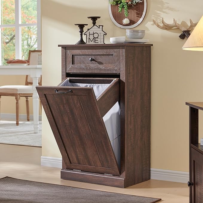 Tilt Out Laundry Hamper Cabinet, 10 Gallon Farmhouse Trash Can Cabinet with Drawer, Hidden Wood Garbage Can Bin Cabinet with Laundry Storage Basket for Bathroom, Kitchen, Brown-Ruum Studio Home