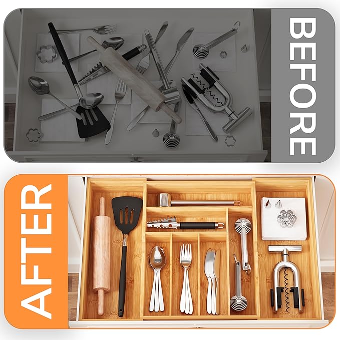 BAMEOS 3" Deepth Expandable Drawer Organizer, Deep Flatware Organizer, Adjustable Silverware Organizer, Bamboo Drawer Organizer for Kitchen, Bathroom (Natural)-Ruum Studio Home