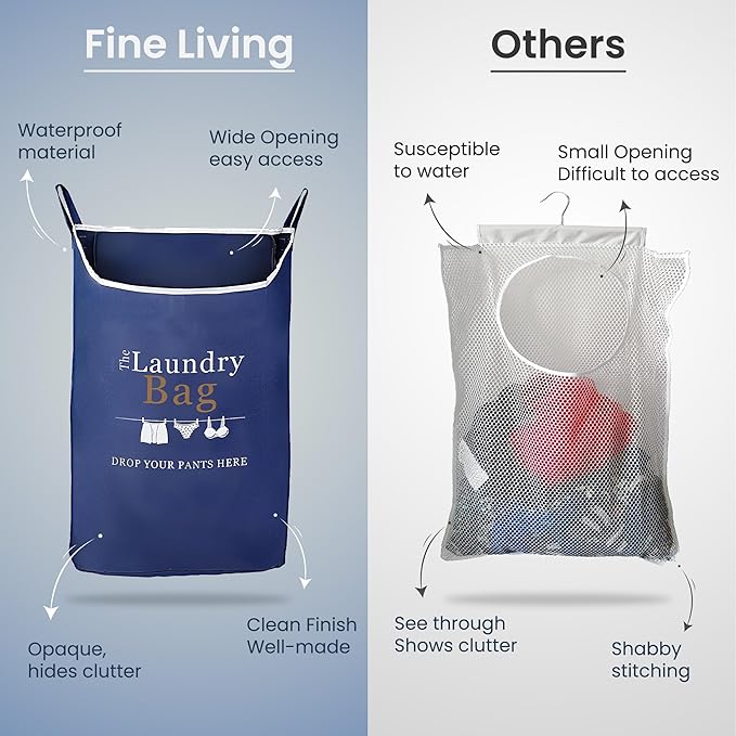 Fine Living Co. Large Hanging Laundry Hamper with Over Door Hooks & Adhesive, Durable Space Saving Laundry Bag with Zipper and Wide Open Top, Hanging Dorm Laundry Hamper (Navy Blue with Print-XL)-Ruum Studio Home