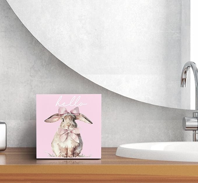 SRADMO Pink Coquette Bow Hello Bunny Wood Box Sign Desk Decor, Bunny Decorations, Easter Theme Wooden Block Box Sign Decoration for Home Office Shelf Table Decor-Ruum Studio Home