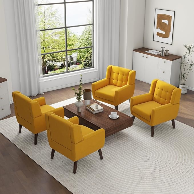 UIXE Accent Chairs Set of 2, Modern Armchair Upholstered Arm Chair in Fabric for Living Room, Comfy Single Sofa Seats Button Tufted Reading Seating, Yellow-Ruum Studio Home