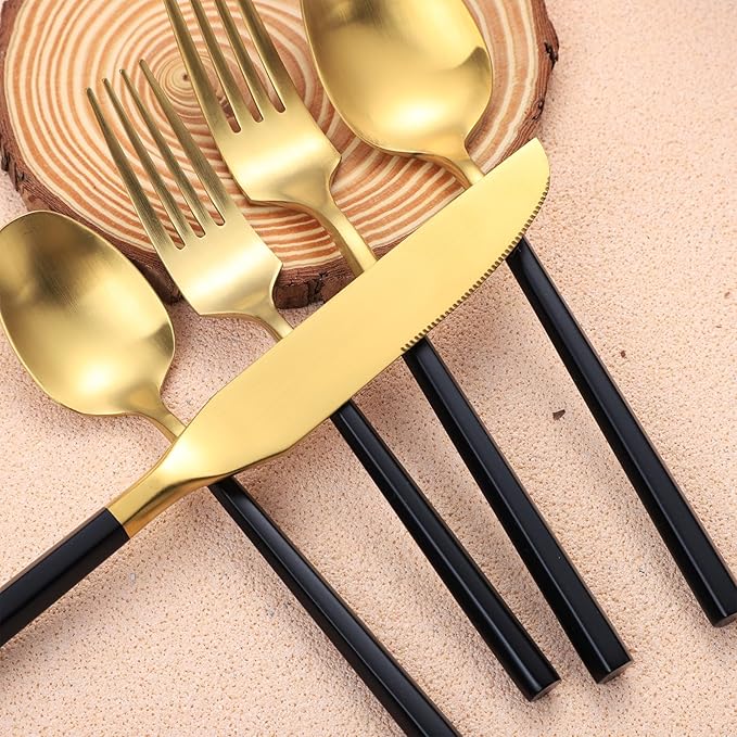Matte Silverware Set Gold Flatware Set with Hexagon Handle 20 Pieces 18/0 Stainless Steel Cutlery Set Wedding Housewarming Gift Service for 4 (Matt black gold)-Ruum Studio Home