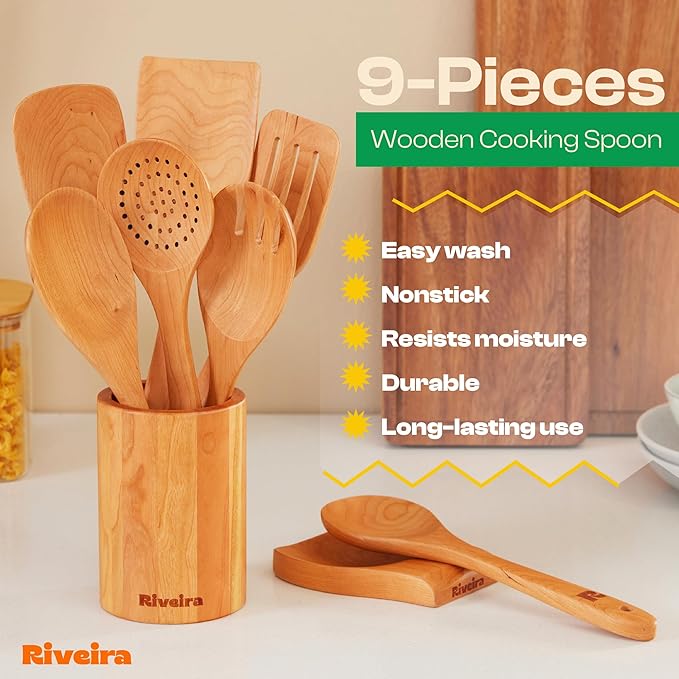 Riveira Cherry Wooden Spoons for Cooking Set of 9 – Natural Cherry Wooden Cooking Utensils, Wooden Spatula, Wooden Spoon - Premium Quality Wooden Utensil Set for Non-Toxic Cooking-Ruum Studio Home