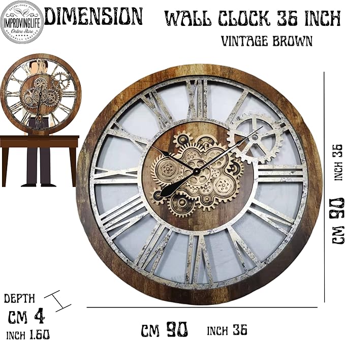 The Gears Clock 36'' Inch Real Moving Gear Wall Clock Vintage Industrial Oversized Rustic Farmhouse (Wood and Stone)-Ruum Studio Home