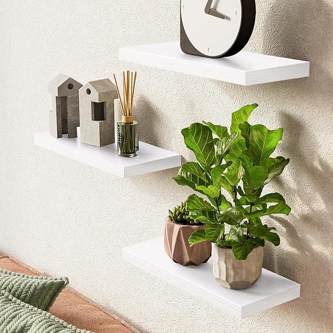 BAYKA Floating Shelves for Wall โ Rustic Wood Wall Shelves with Metal Brackets for Bathroom, Bedroom, Kitchen, or Living Room Decor โ White, Set of 3, Sturdy Storage with 22lb Capacity-Ruum Studio Home