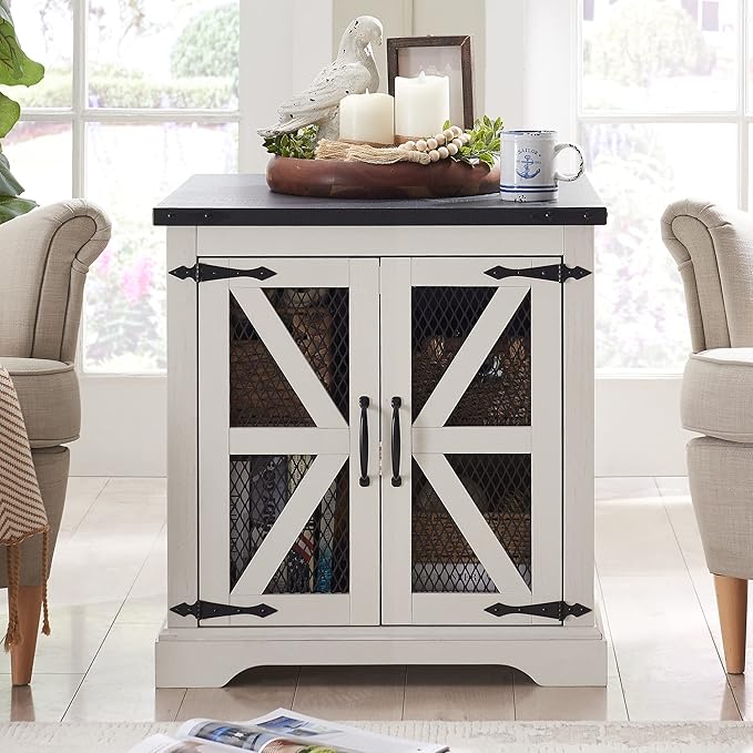 JXQTLINGMU Farmhouse End Table, 24" Large Sofa Side Table with Charging Station, Mesh Barn Door, and Adjustable Storage Shelf, Rustic Wood Square Nightstand for Living Room, Bedroom, Office, White-Ruum Studio Home