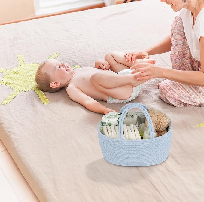 Diaper Caddy Organizer Cotton Rope Baby Basket Nursery Storage and Portable Tote Bag for Car Ideal Baby Shower Gifts and Registry Must-Have for Newborn Essentials blue-Ruum Studio Home
