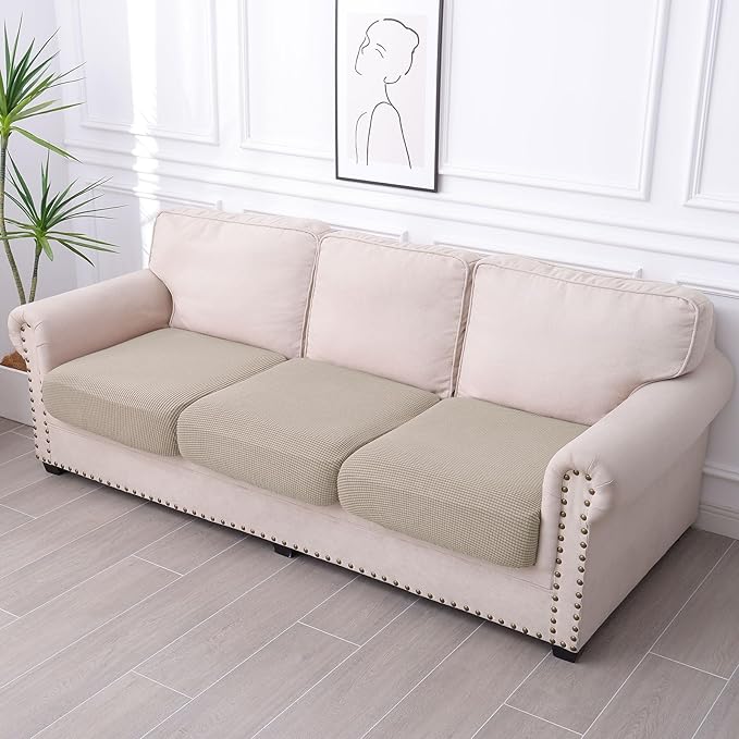 hyha Waterproof Couch Cushion Covers for Pets, Non Slip Sofa Seat Cover for Dogs Washable, Soft Thick Stretch Jacquard Fabric, Sofa Slipcovers with Elastic Bottom (3 Pieces, Taupe)-Ruum Studio Home