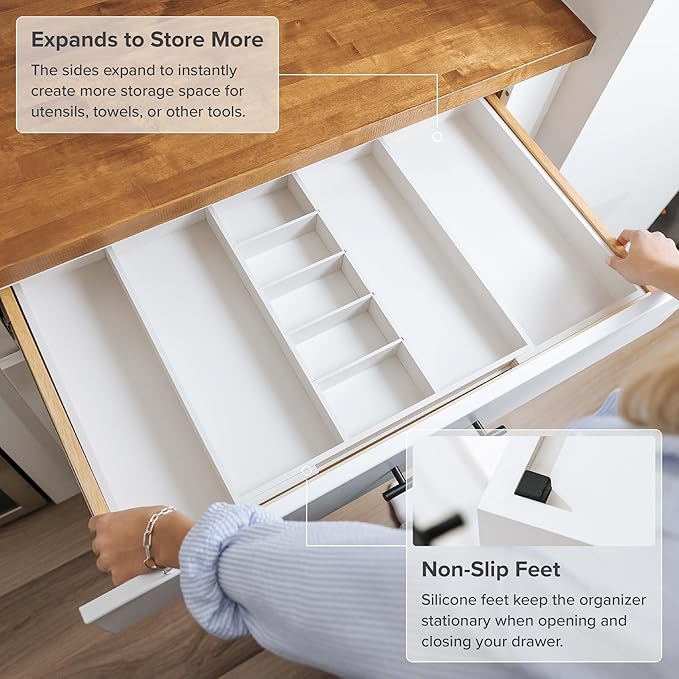 Adjustable Kitchen Drawer Organizer for Utensils and Junk, Food-Safe Contract Grade with 100% Sustainable Wood, Expandable from 19 to 33 Inches Wide - White Bamboo-Ruum Studio Home