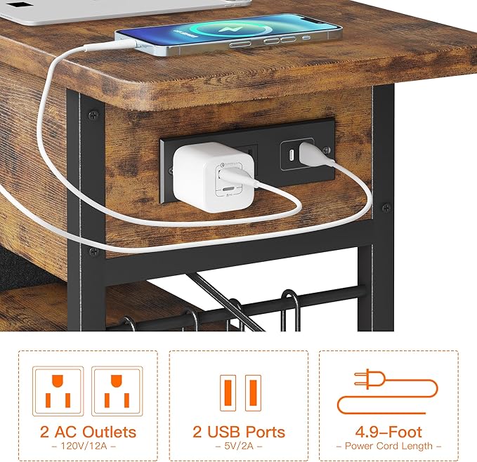 End Table with Charging Station, Flip Top Nightstand with USB Ports and Outlets, Couch Side Table with Fabric Bag and Hooks, Bedside Table for Space Saving, Living Room, Bedroom (Rustic Brown)-Ruum Studio Home