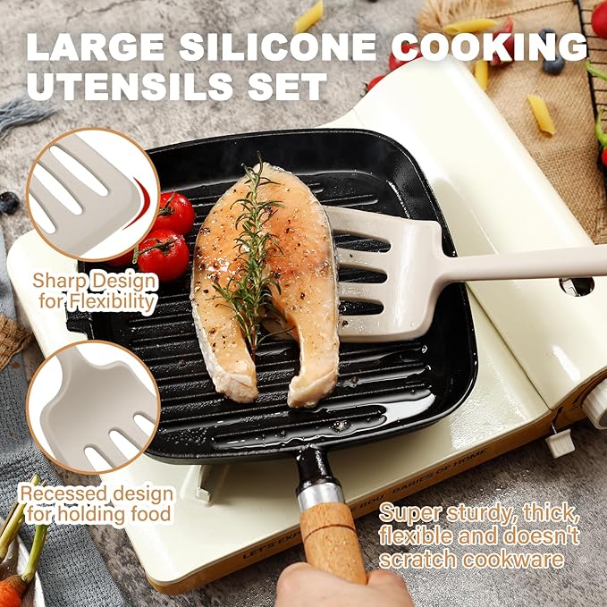 QMVESS Silicone Cooking Utensils Set, Kitchen Utensils Set 7 Pcs with Long Wooden Handle, Food Grade and Heat Resistant Large Silicone Spatula Set for Nonstick Cookware, BPA Free(Khaki)-Ruum Studio Home