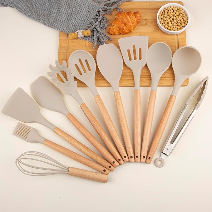 Silicone Cooking Utensils Set, Premium Beech Wood Handle Kitchen Gadgets Utensil Set, Non-Stick Kitchen Utensils Spatula, Tongs, Turner, Whisk, Brush, Spoon, BPA FREE, 446°F Resistant (Khaki)-Ruum Studio Home