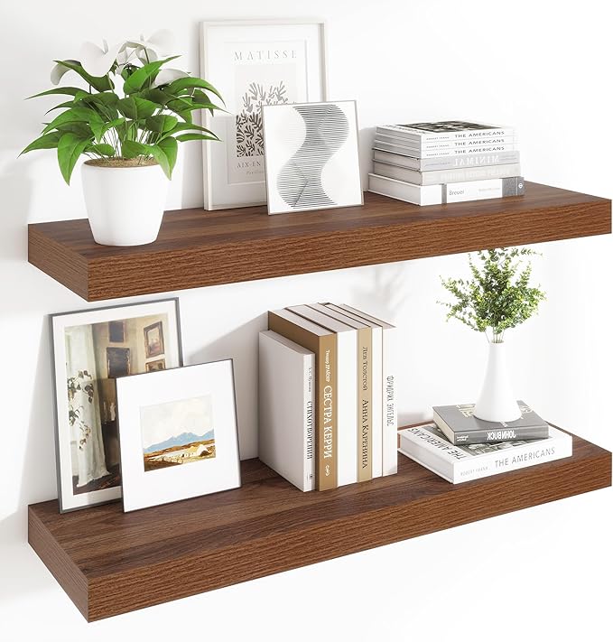 Heimlove 12 Inch Deep Floating Shelves, 48 x 12 inches Long Wall Shelf, Large Display Shelf & Storage Shelf, Rustic Wood Wall Shelves for Fireplace Mantel, Set of 2(Walnut)-Ruum Studio Home