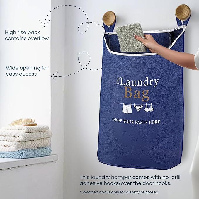 Fine Living Co. Large Hanging Laundry Hamper with Over Door Hooks & Adhesive, Durable Space Saving Laundry Bag with Zipper and Wide Open Top, Hanging Dorm Laundry Hamper (Navy Blue with Print-XL)-Ruum Studio Home