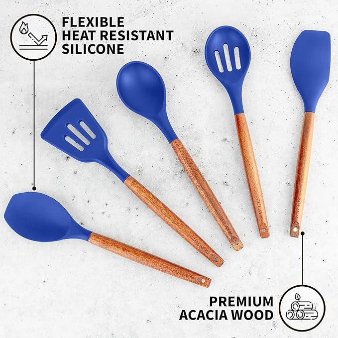 Zulay Kitchen Non-Stick Silicone Cooking Utensils Set with Acacia Wood Handles - 5 Piece Set - Heat Resistant to 464F - Dark Blue-Ruum Studio Home