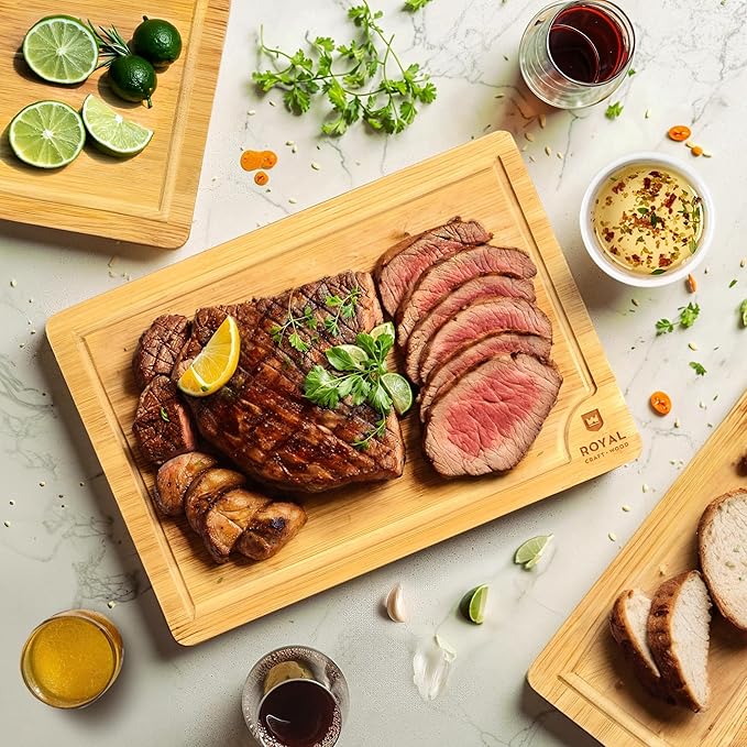 ROYAL CRAFT WOOD Wooden Serving Boards for Kitchen Meal Prep&Bamboo Wood Cutting Board Set with Deep Juice Groove Side Handles-Charcuterie & Chopping Butcher Block for Meat-Kitchen Gadgets Gift (5Pcs)-Ruum Studio Home