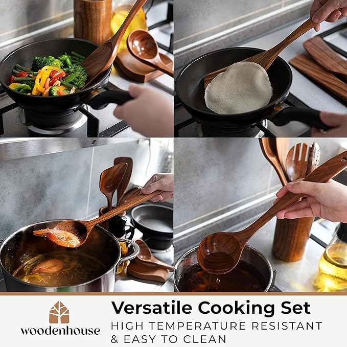 Wooden Spoons for Cooking – Wooden Cooking Utensils Set with Holder, Spoon Rest & Hooks, Teak Wood Nonstick Kitchen Cookware – Durable Set of 12pcs by Woodenhouse-Ruum Studio Home