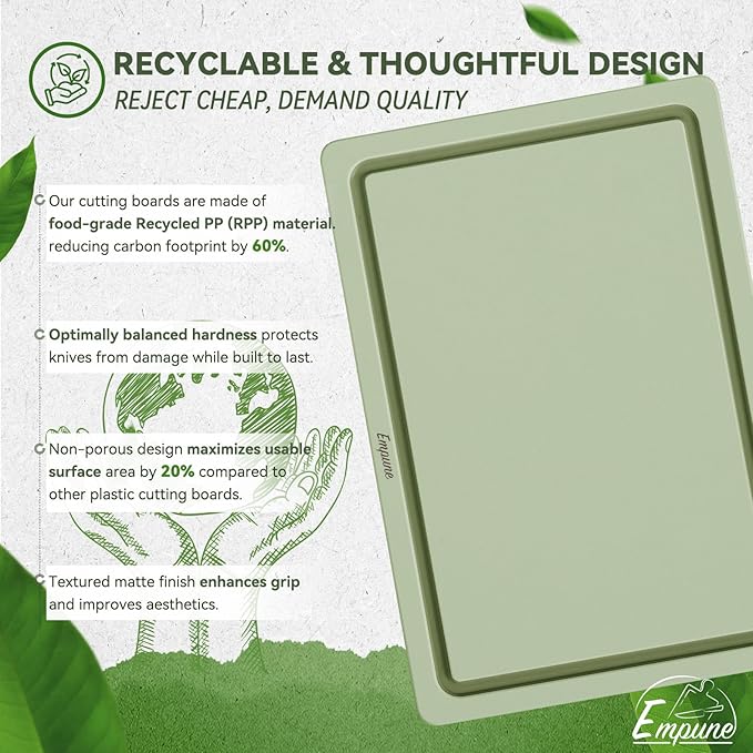 Empune Plastic Cutting Board Set, Recycled Plastic Cutting Boards for Kitchen (Set of 3), Dishwasher Safe Large Chopping Board with Holder, Non-slip Feet and Juice Grooves, Nonporous, Green-Ruum Studio Home