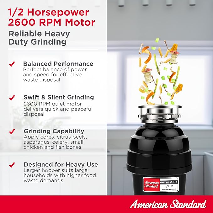 American Standard 10-US-AS-5-HD Garbage Disposal Anti-Jam Stainless Steel Food Waste Grinding System, Heavy Duty, 1/2 HP, Black-Ruum Studio Home