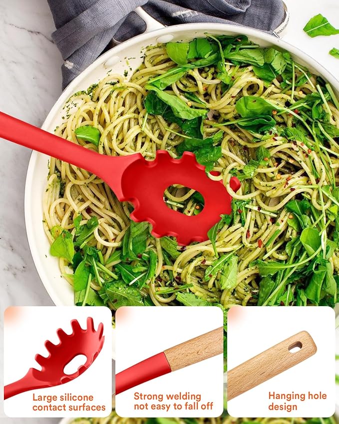 Kitchen Utensils Set, 13PCS Silicone Cooking Utensils, Heat Resistant Kitchen Utensil Spatula Set for Nonstick Cookware, Wooden Handles Kitchen Gadgets Tools Set (RED)-Ruum Studio Home