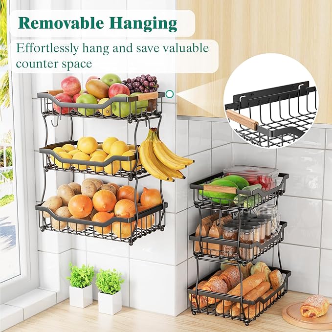 Giwil 3 Tier Countertop Fruit Basket for Kitchen, Vegetable Storage Bread Fruit Bowl Stand with 2 Banana Hooks, Wall Mounted Metal Wire Basket Organizer for Potato Onion, Black-Ruum Studio Home