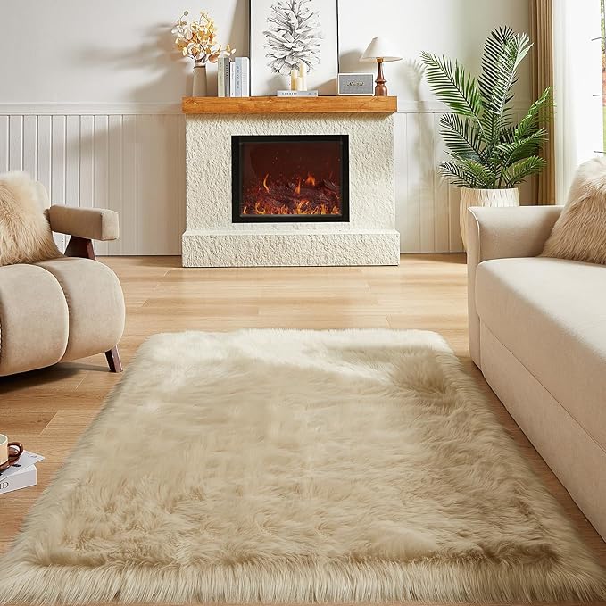 AMTOVO Faux Fur Sheepskin Rug for Living Room, 4 x 6 ft Beige Fluffy Area Rug for Bedroom, Playroom, Luxury Room Decor, Rectangle-Ruum Studio Home