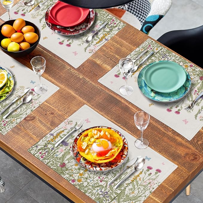 Rustic Wildflower Floral Placemats Set of 4 Spring Summer Vintage Flowers Plants Herbs Linen Table Mats 12x18 Inch Seasonal Flower Decorative Place mats for Farmhouse Kitchen Dining Decoration-Ruum Studio Home