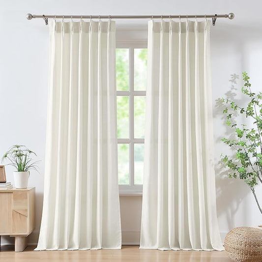 FMFUNCTEX Pinch Pleated Curtains 84 Inches Long for Living Room, Ivory Semi Sheer Faux Linen Textured Pleat Drapes for Bedroom with Hooks, Light Filtering Farmhouse Window Drapes 2 Panels-Ruum Studio Home