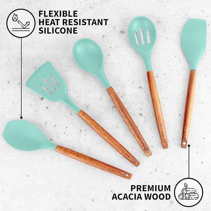 Zulay Kitchen Non-Stick Cooking Utensils Set with Authentic Acacia Wood Handles – 5-Piece Durable & Stylish Silicone Kitchen Utensils Set – Heat Resistant to 464°F – Aqua-Ruum Studio Home
