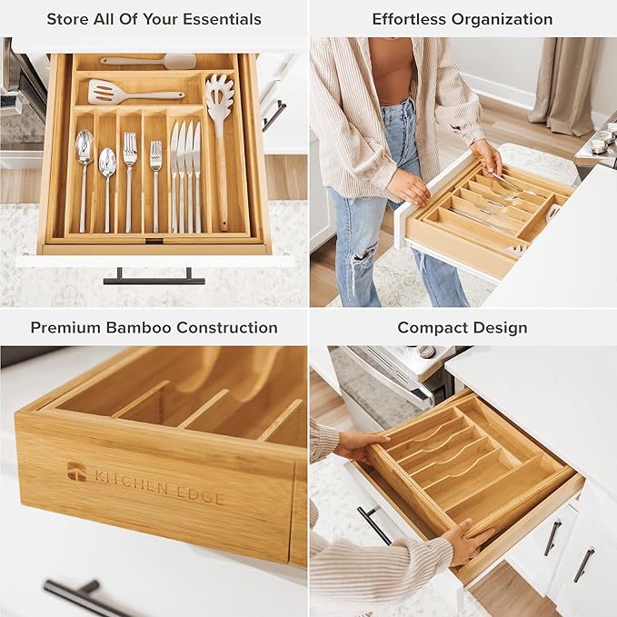 Premium Silverware, Flatware and Utensil Organizer for Kitchen Drawers, Food-Safe Contract Grade, Expandable from 14 to 25 In, Natural Bamboo-Ruum Studio Home