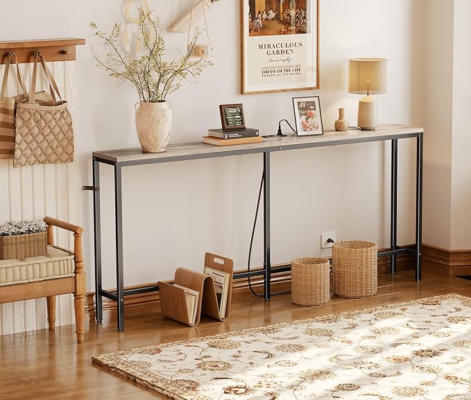SUPERJARE 70 Inch Console Table with Outlet, Narrow Entryway Table for Living Room, Oak-Ruum Studio Home
