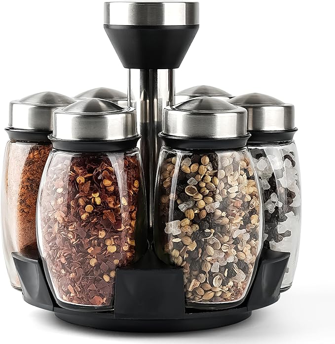 Mlici 6PC Spinning Glass Spice Jars - 360° Rotating Spice Rack Organizer with Jars, Stainless Steel Revolving Seasoning Holder Jars for Countertop Cabinet Kitchen Spices Cruets-Ruum Studio Home