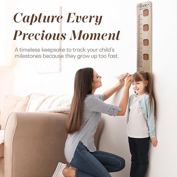 Wooden Growth Chart for Wall - Foldable Height Chart for Kids with Picture Slots - Milestone Tracker Measuring Board with Mounting Hooks - Easy Installation, Smooth Finish, Neutral Color-Ruum Studio Home